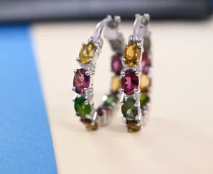 Multi Tourmaline 925 Sterling Silver Oval Shape Hoop Earrings 14K Gold plated. - Picture 1 of 10