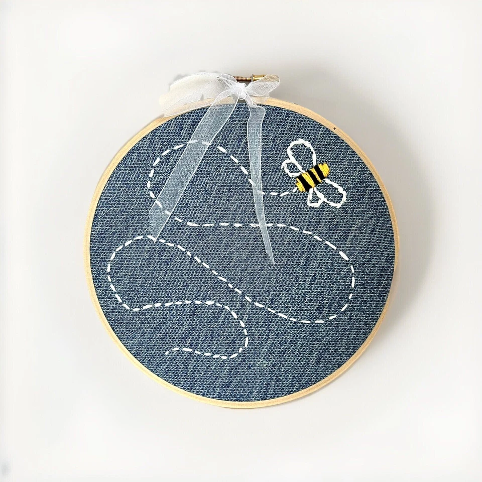 Honey Bee Hand Embroidered On Recycled Denim With 6 In. Embroidery Hoop Frame - Image 1 of 1