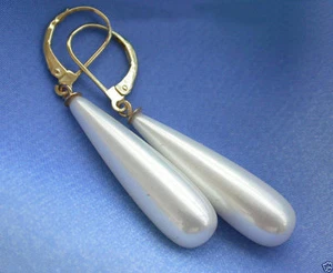 Charming long teardrop sea white shell pearl dangle earrings - Picture 1 of 1