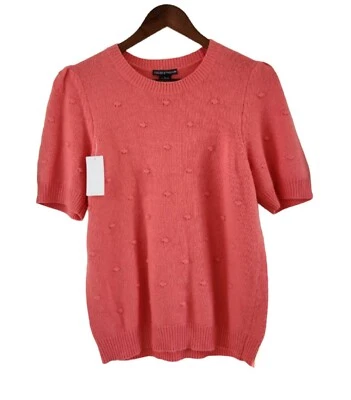 Chelsea & Theodore Womens Size L Coral Peach Pommed Sweater Puffed Sleeve New - Image 1 of 4