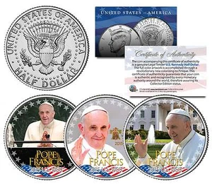POPE FRANCIS * 2015 U.S. Visit * Papal Colorized JFK Half Dollar U.S. 3-Coin Set - Picture 1 of 2