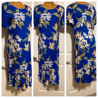 VESTIDO DE COLECCIÓN AÑOS 70 ALOHA HUT HAWAII AZUL PÁJARO DEL PARAÍSO ESTAMPADO FLORAL RAYÓN TALLA L Foto 1 de 4