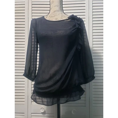 Banana Republic Sheer Top Women's Small Black 3/4 Sleeve Elastic Waist Ruffle - Image 1 of 4