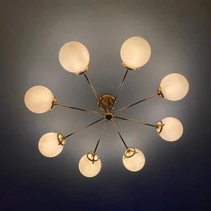 1950 MidCentury Brass Glass Dome Italian Stilnov Chandelier Fixture Light Living - Picture 1 of 8