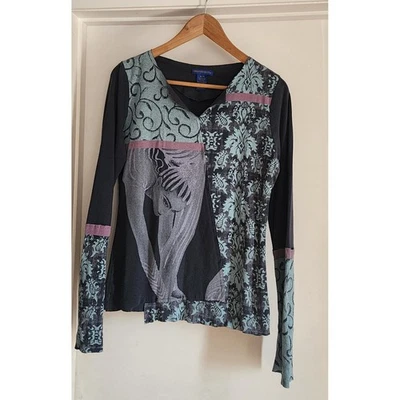 Vtg CIRQUE DU SOLEIL XL 16 Asymmetrical V Neck Graphic Print Patchwork Shirt - Image 1 of 4