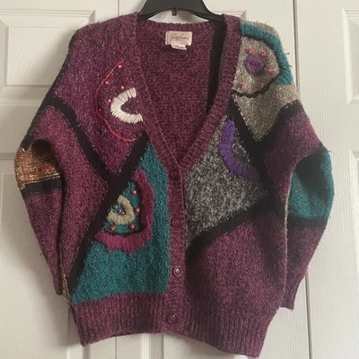 De Colección Jaclyn Smith Suéter Mujer Mediano Salvaje Rayas Abotonadas Cárdigan Cosby Años 90 Foto 1 de 4