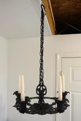 Antique Wrought Iron 5 Candle Hanging Chandelier 18 - 19th c Blacksmith Made - Image 1 of 4