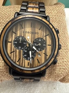 BOBO BIRD Bamboo Face Chronograph Men's Watch Brown - Black With Date New In Box - Picture 1 of 12