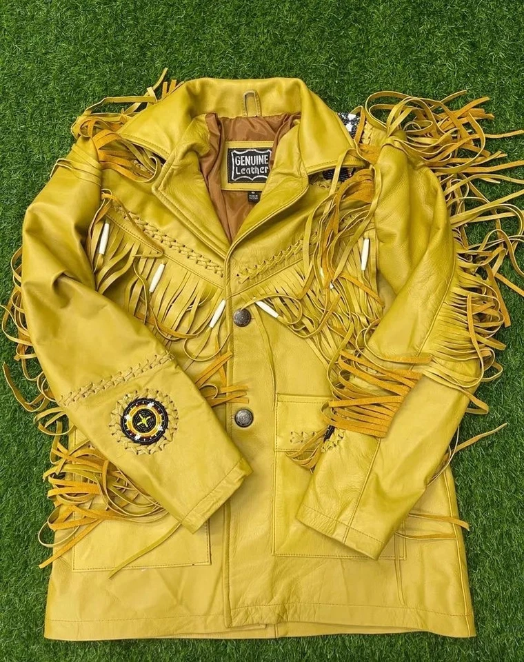 Ретро Western кожаное пальто - желтый бахрома ковбойская куртка подлинный западный стиль - Изображение 1 из 2