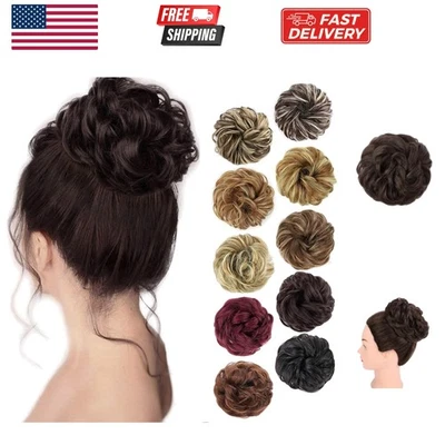 Messy Bun Hair Piece Curly Fake Hair Bun Scrunchies Extensions Synthetic Chig... - Image 1 of 4
