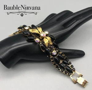 Vintage Juliana Black Cabochons&Gold Leaves Overlay Statement Bracelet - Bild 1 von 8