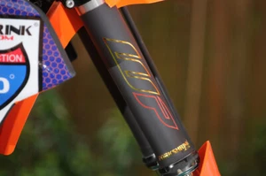 KTM SX85 - FORK GUARDS with 2023 logo- Protection SX 85 - GOLD/RED - Picture 1 of 3