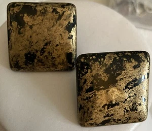 Vintage 80s Retro Porcelain Handmade Square Earrings Black w/Gold Splash 1” - Picture 1 of 5