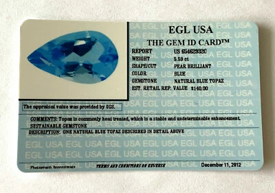 EGL USA Certified Blue Color Natural Topaz 5.59Ct Pear Brilliant Appraised $140 - Image 1 of 4