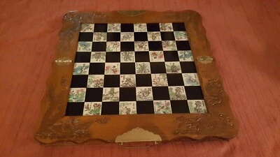 Asian Folding Wooden Chess Board, w/Brass Fittings and Decorated Tiles - Image 1 of 4