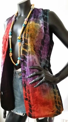 Vintage Multicolour Tie Dye Waistcoat Vest Jacket Boho Size 10 / 12 UK 36" XMAS - Image 1 of 4