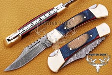 Damascus Steel Folding pocket knife Rainbow,wood & Brass Handle Custom Handmade