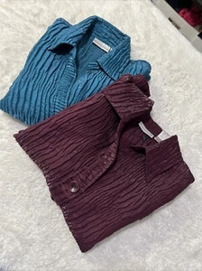 Drapers & Damon’s PL Set Of Two Crinkle Button Up Blouses Plum/Teal Collared - Picture 1 of 12