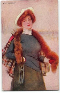 Sport invernali - Donna con stola di pelliccia, pattini da ghiaccio - Cartolina 1903, R. Hill - Foto 1 di 2