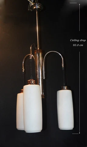 Danish mid-century 1960s teak, Opaline glass, & chrome plate 3-arm chandelier Cover
