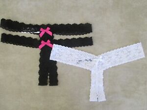 NEW HANKY PANKY Crotchless Thongs One size White & Double G-String Black NWOT