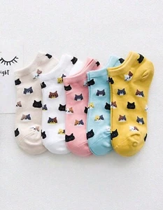 5 Pairs Cat Print Trainers Socks Cute Anime Socks Cartoon Funny Women Socks - Picture 1 of 3