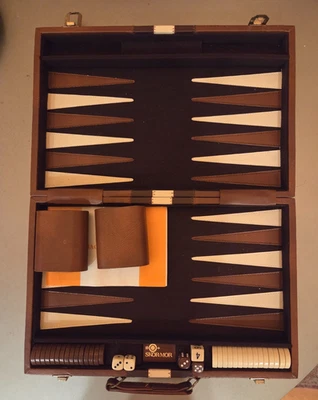 Vtg Skor-Mor Backgammon Game Set Faux Brown Leather Travel 10x15" Carrying Case - Image 1 of 4