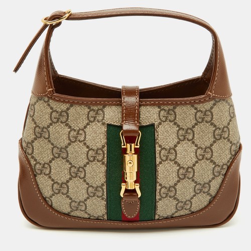Mini borsa a tracolla Gucci beige marrone GG Supreme tela Jackie 1961