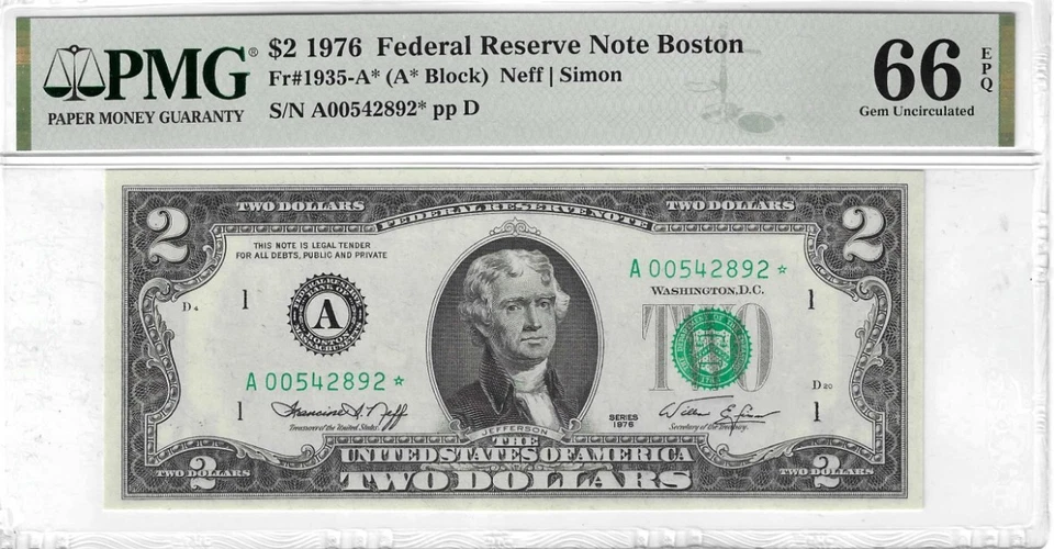 1976 $2 Federal Reserve Star Note, PMG Graded Gem Uncirculated 66 EPQ - Image 1 of 2