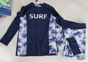 SALE! Boys 2 pc Swimsuit LS Size 10 Navy & White w Palms $11.99 10229 / 15 - Picture 1 of 5