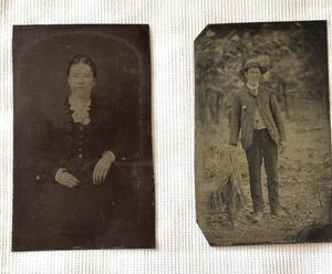 Vintage Celluloid Tin Pictures 3.5" x 2" Lot of 2 Man & Woman - Picture 1 of 2