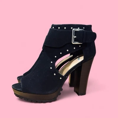 Report Lacey Womens Slingback Casual Peep Toe Black Suede Block Heel Size 8.5 - Image 1 of 4