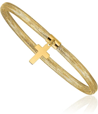 14K Solid Yellow Gold Mesh Cross Dangling Stretch Wrap Charm Bracelet - Image 1 of 4