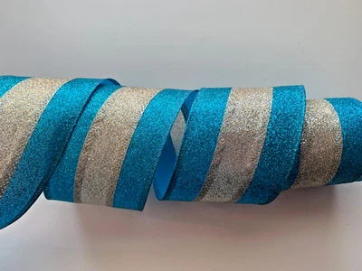 Christmas Ribbon, Turquoise and Champagne Gold, 2 1/2" Wide, Wired Edge, 3 YARDS - Image 1 of 2