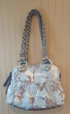 B. Makowsky Caroline Leather Shoulder Bag Purse Satchel Braided Straps Blue Camo - Image 1 of 4