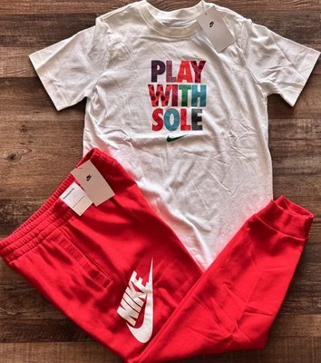 NWT Nike Boys YLG Red/White/Multi Play With Sole Jogger Sweat Pants Set Large - Image 1 of 4