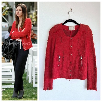 IRO Agnette Distressed Tweed Zipper Jacket in Red aso Rachel Bilson Size 0 - Image 1 of 4