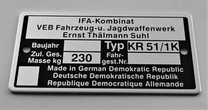 Typenschild Simson KR51/1K Plakette 230kg Schwalbe IFA VEB, ab BJ 1970, blanko - Bild 1 von 1