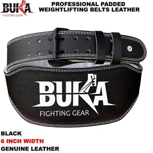 BUKA BLACK LEATHER WEIGHT LIFTING BELT BODY BUILDING GYM BACK SUPPORT 6 INCH NEW - Picture 1 of 5