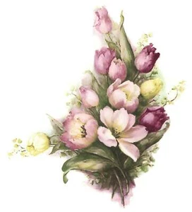 Pink Yellow Tulip Flower Bouquet Overglaze Waterslide Ceramic Decals - Picture 1 of 6