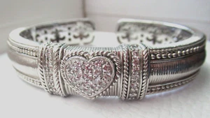 Judith Ripka Sterling Silver & Cubic Zirconia Heart Hinged Cuff Bracelet Sz Avg. - Picture 1 of 9