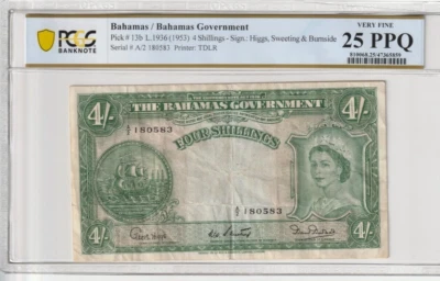 Bahamas 1953 4 Shillings Certified PCGS Banknote VF 25 PPQ Pick 13b - Image 1 of 2