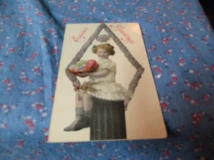 Old Postcard 1912 Easter Girl on Pedestal Basket of Egg - Picture 1 of 2