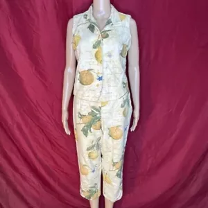 Vintage A La Carte Zitrus Leinen Baumwollmischung Caprihosen und Top Set Größe Small - Bild 1 von 15