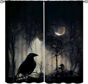 Gothic Crow Curtains, Black Birds Crow Decor Window Treatments for Living Room, 