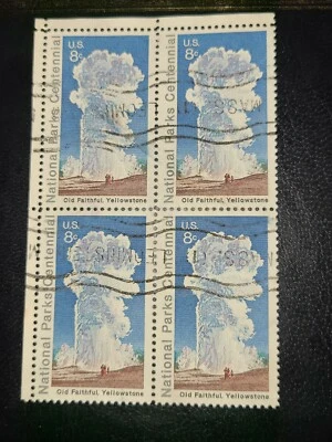 US Sc#1453 Old Faithful Yellowstone 8c block of 4 1972 National Parks Used-#1960 - Image 1 of 3
