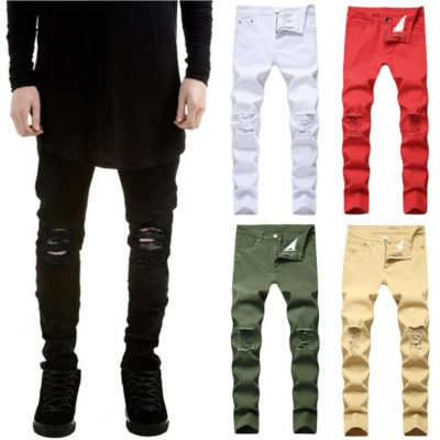 New Women Men Ripped Denim Jeans Pants Stretch Skinny Casual Distressed Trousers - Image 1 of 4