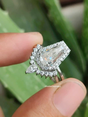 4 CT Coffin Cut Moissanite Halo Wedding Bridal Rings Set For Her 14K White Gold - Image 1 of 4