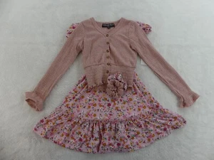 Three Pink Hearts Dress Girls XXS Pink Floral Cardigan Hair Ties A83 - Picture 1 of 21