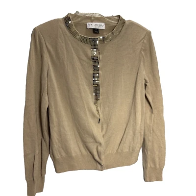 Cárdigan Adornado Mezcla Lana Suéter Mediano Colección St John Beige Manga Larga Foto 1 de 4